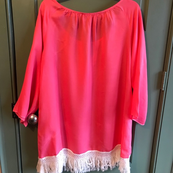 WOO Cotton Coral Fringe Kaftan Peasant Tunic Top or Beach Cover Up Sz L - Picture 2 of 9